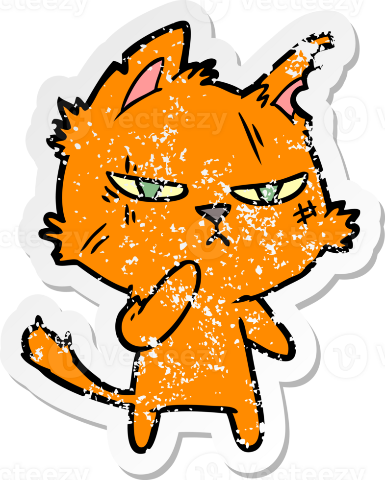 distressed sticker of a tough cartoon cat png