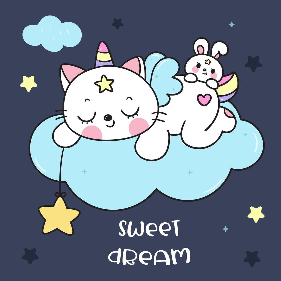 Cute unicon cat sleeping on cloud with bunny rabbit vector
