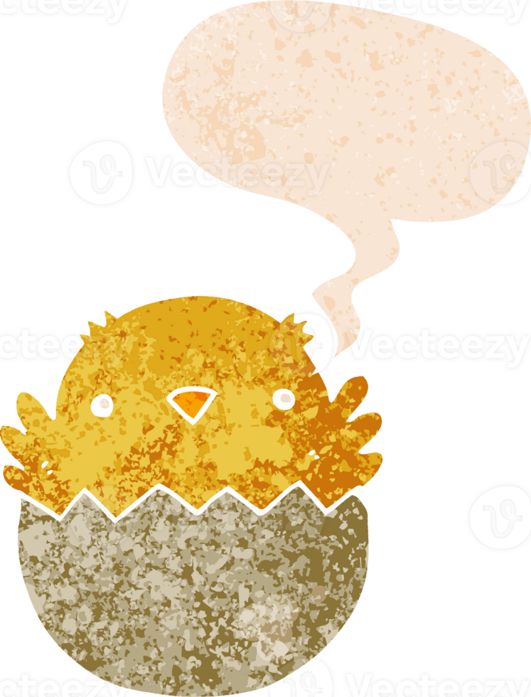 cartoon chick hatching from egg with speech bubble in grunge distressed retro textured style png