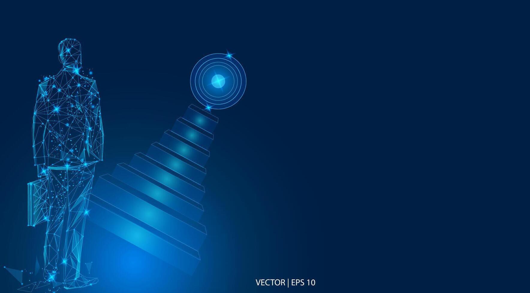 illustration. A businessman climbs a ladder to chase a target. The path to the target's achievement, moving up the motivation ladder, anfinancial goals. Abstract business low poly background. vector