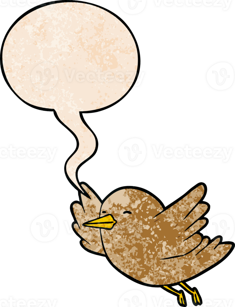 cartoon bird flying with speech bubble in retro texture style png