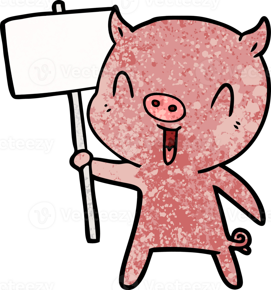 cochon dessin animé heureux avec poteau indicateur png