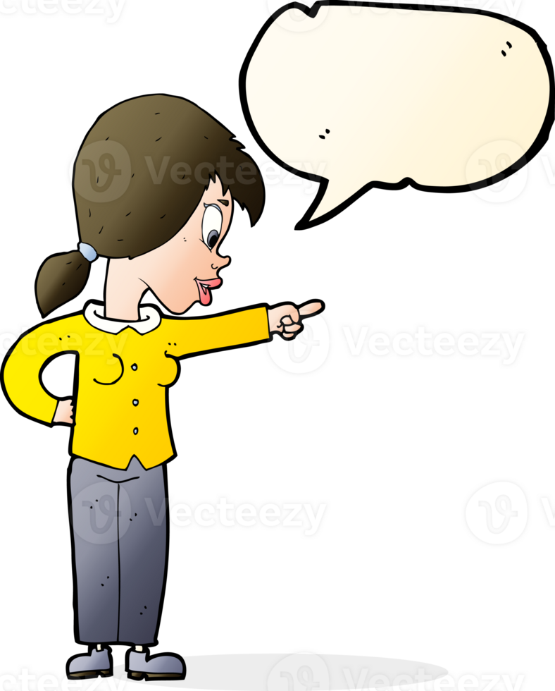 cartoon enthusiastic woman pointing with speech bubble png