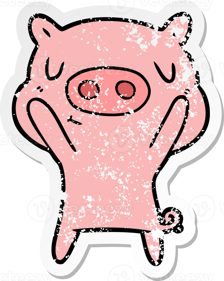distressed sticker of a cartoon content pig png