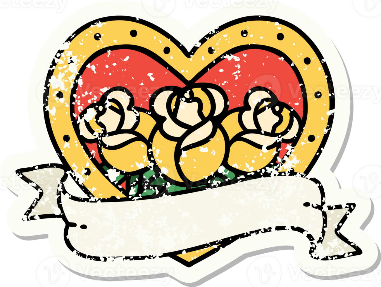 distressed sticker tattoo in traditional style of a heart and banner with flowers png