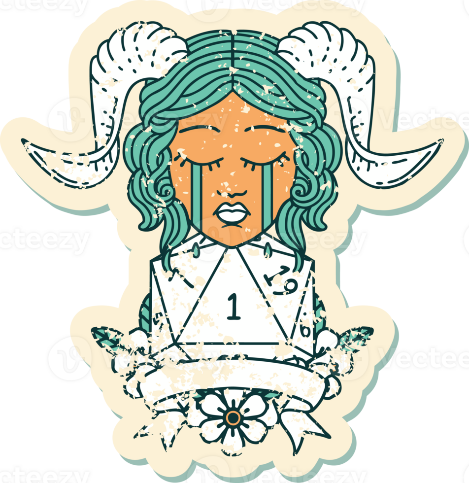 Retro Tattoo Style crying tiefling face with natural 1 D20 Dice png