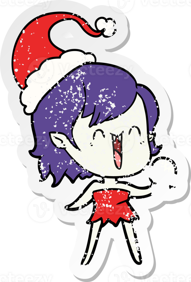 cute hand drawn distressed sticker cartoon of a happy vampire girl wearing santa hat png