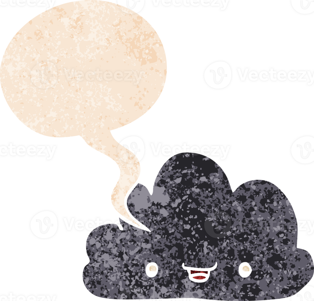 cartoon tiny happy cloud with speech bubble in grunge distressed retro textured style png