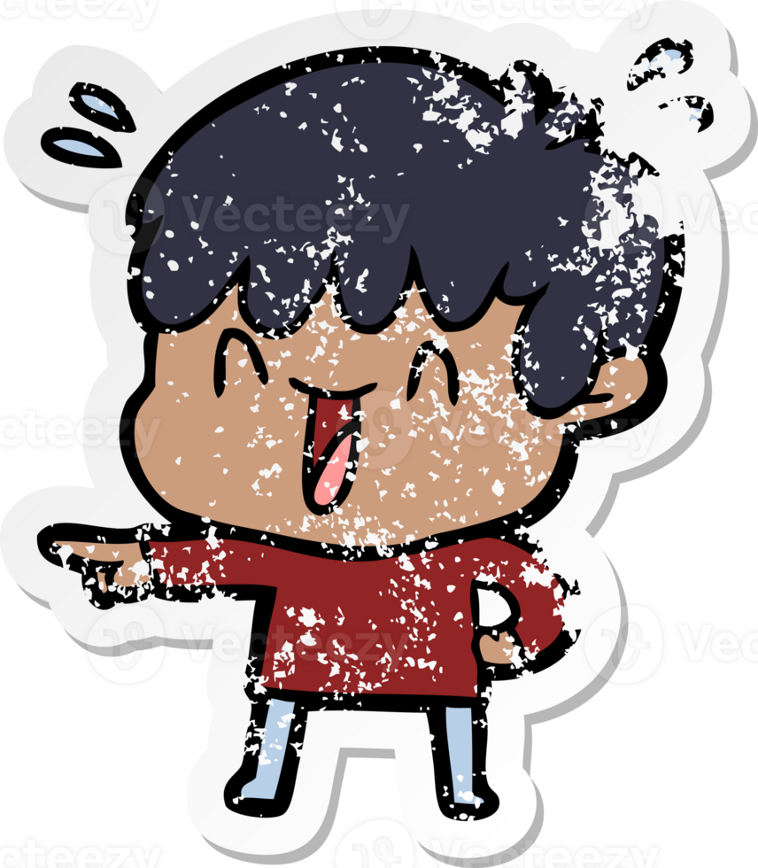 distressed sticker of a cartoon laughing boy png