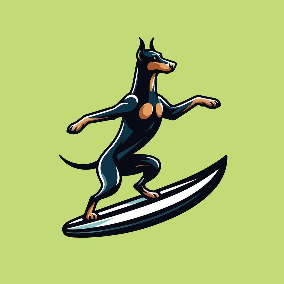 Dobermann Dog playing surfboards Dog Surfing illustration vector