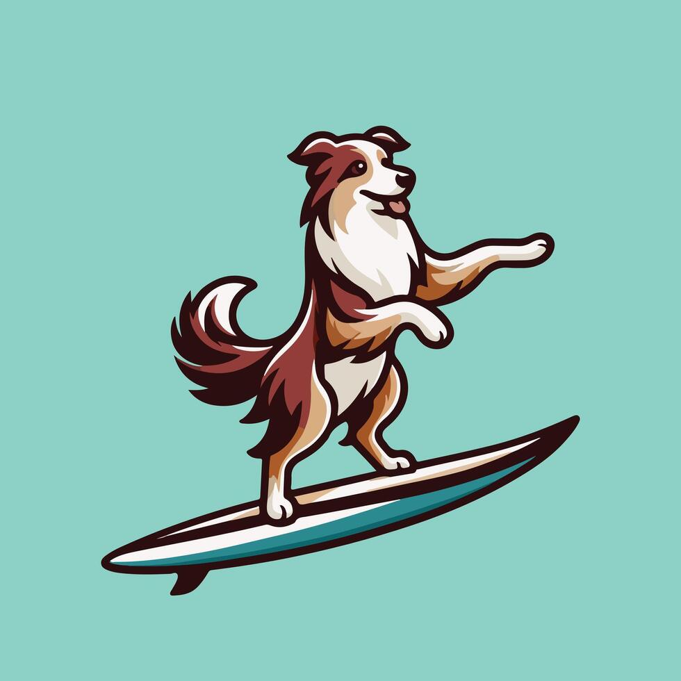 Dog playing surfboards - Australian Shepherd Dog Surfing illustration vector