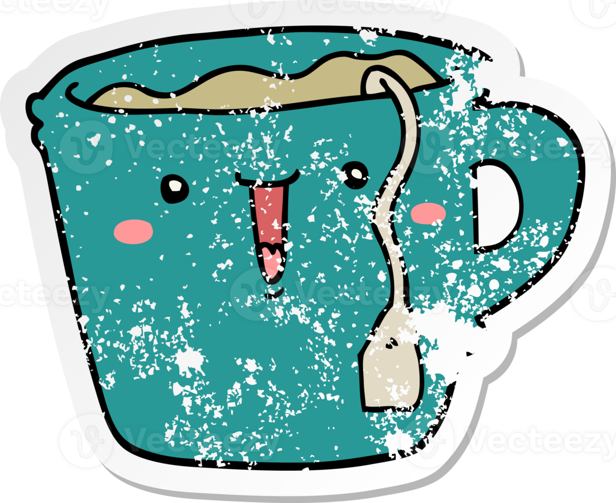 distressed sticker of a cute cartoon coffee cup png