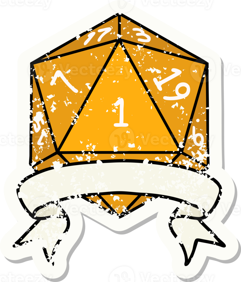 grunge sticker of a natural one d20 dice roll png