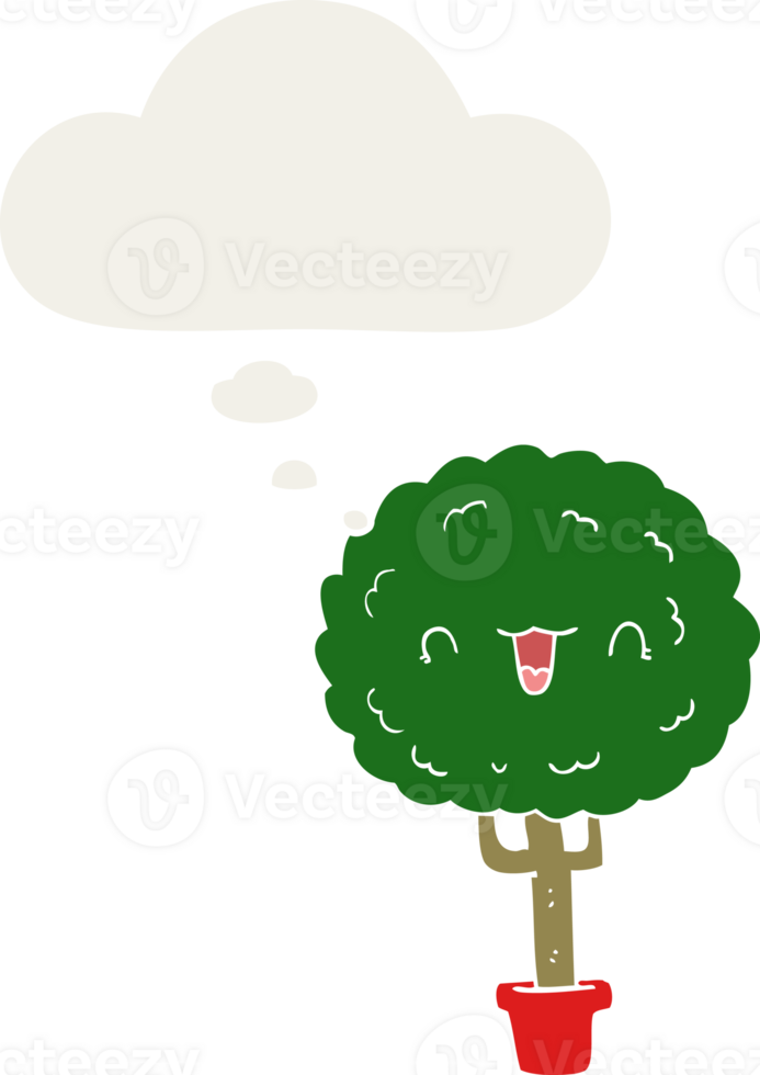 cartoon happy tree with thought bubble in retro style png