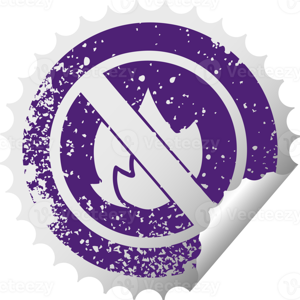 distressed circular peeling sticker symbol of a no fire allowed sign png