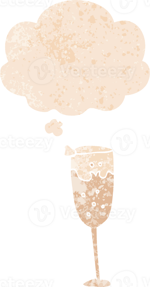 cartoon champagne glass with thought bubble in grunge distressed retro textured style png