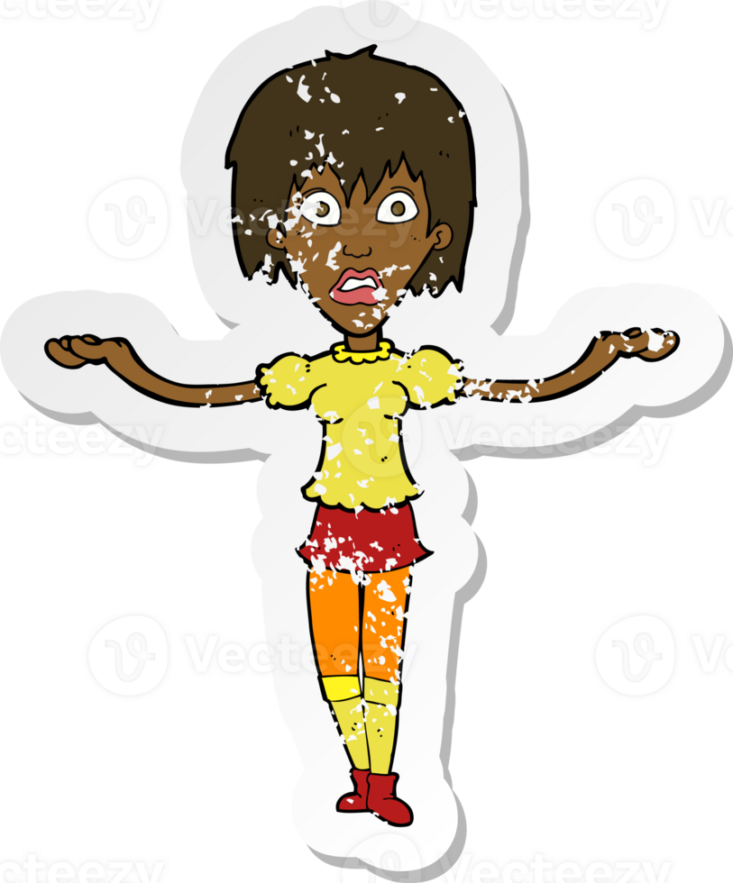 retro distressed sticker of a cartoon woman shrugging shoulders png