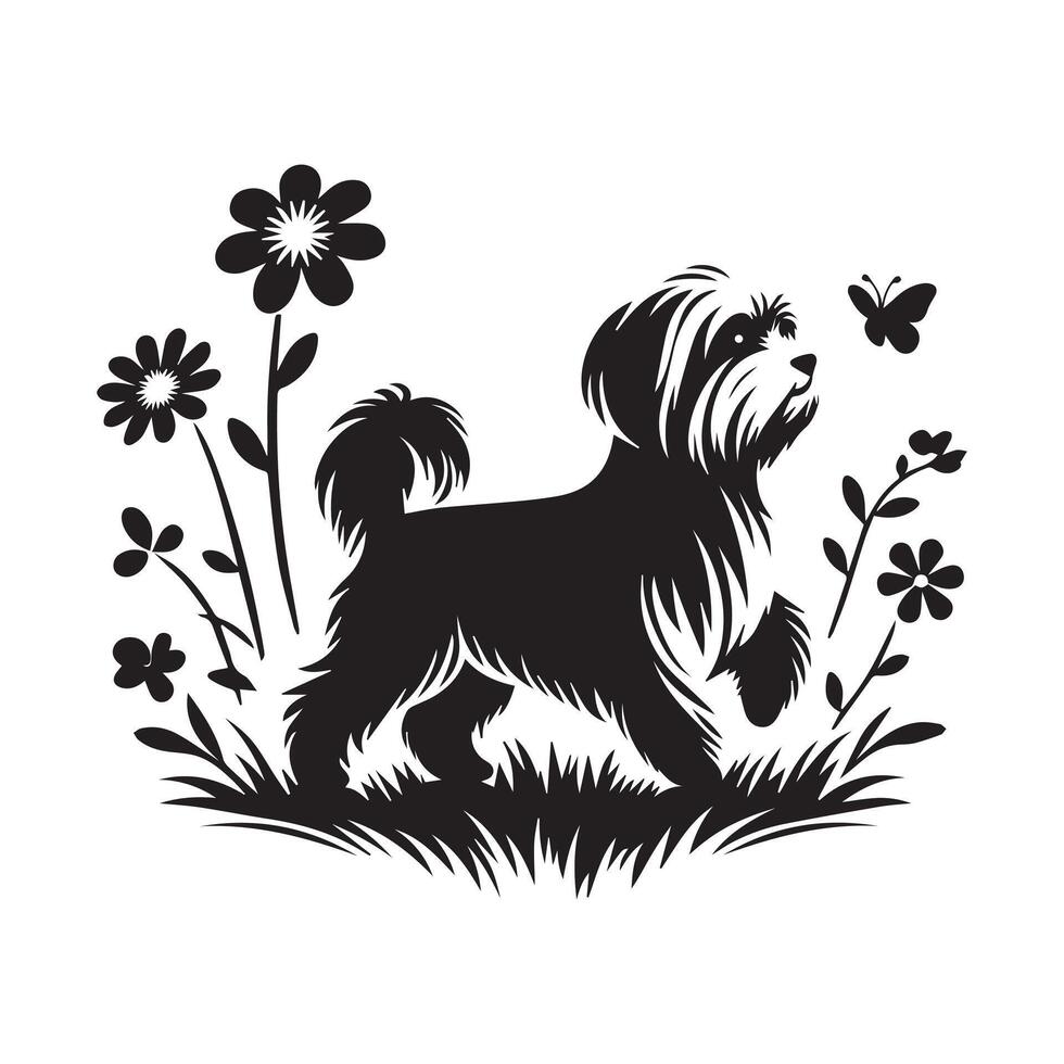 Frolicking Maltese in a Patch of Flowers illustration in black and white vector