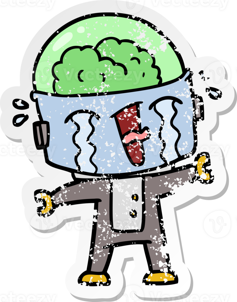 distressed sticker of a cartoon crying robot png