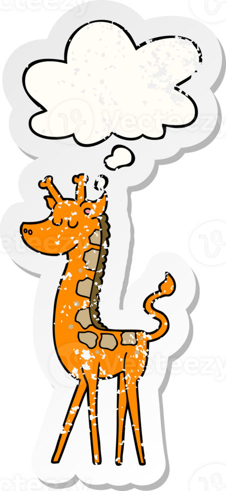cartoon giraffe with thought bubble as a distressed worn sticker png