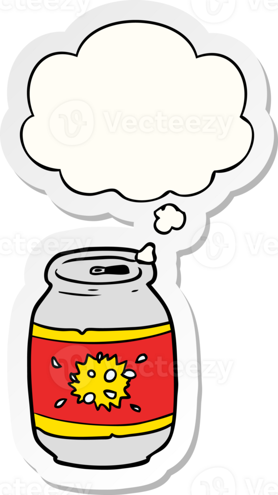 cartoon soda can with thought bubble as a printed sticker png
