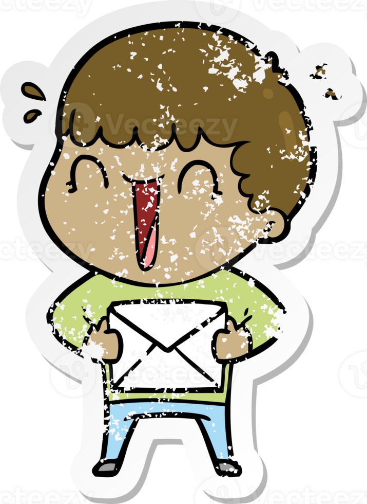 distressed sticker of a laughing cartoon man with letter png
