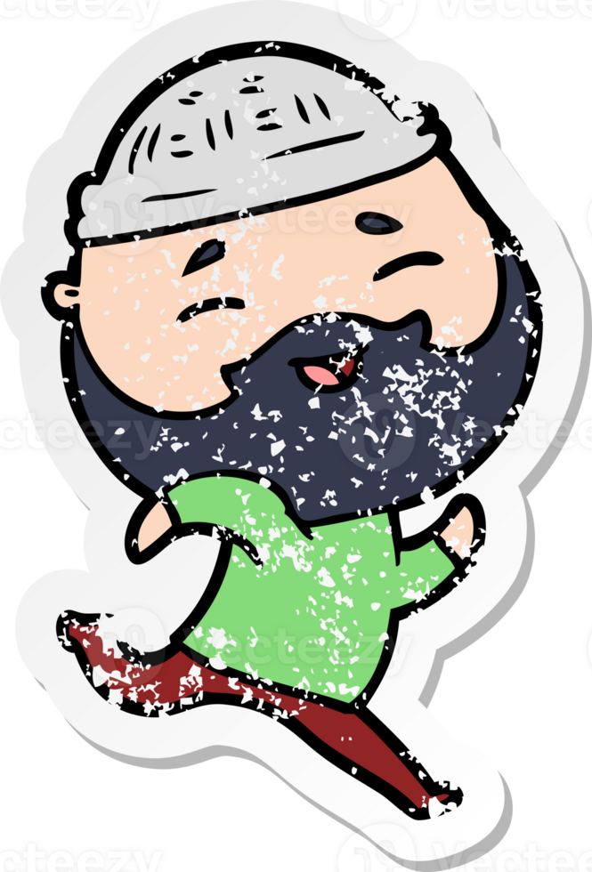 distressed sticker of a cartoon happy bearded man png