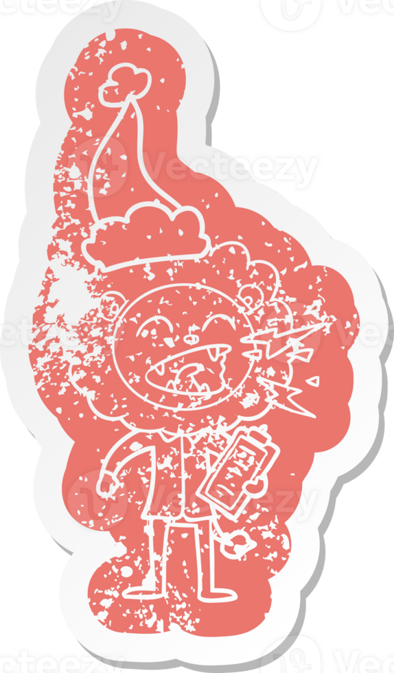 quirky cartoon distressed sticker of a roaring lion doctor wearing santa hat png