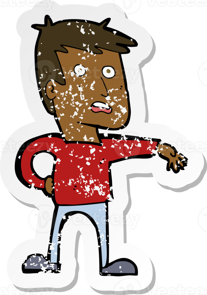 retro distressed sticker of a cartoon man making camp gesture png