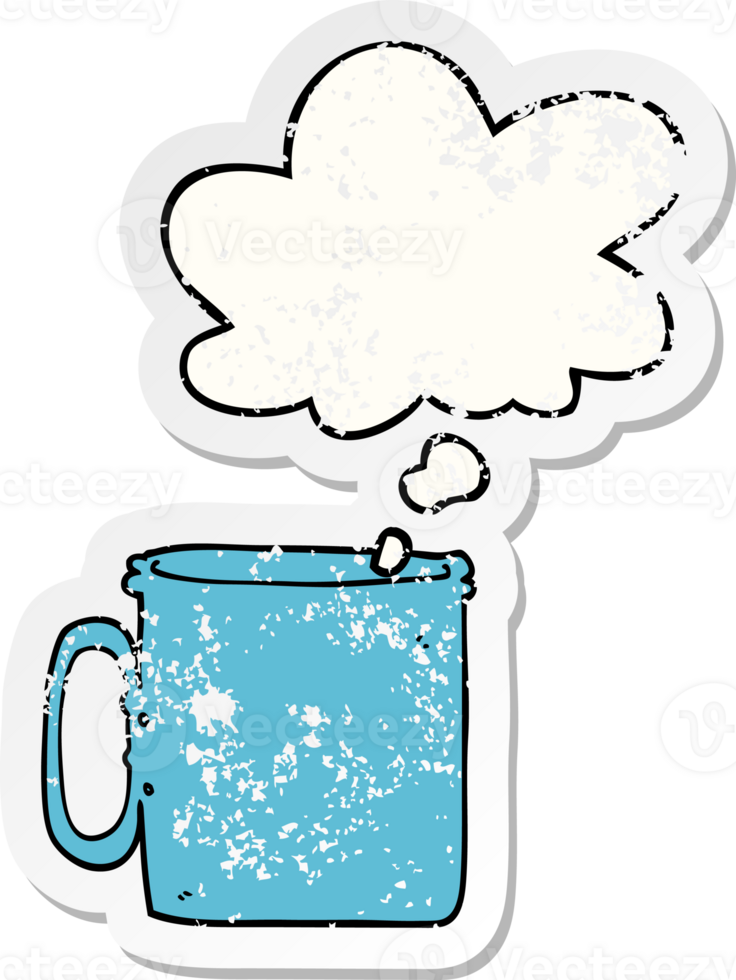 cartoon camping cup of coffee with thought bubble as a distressed worn sticker png