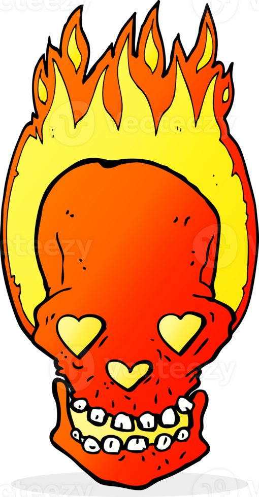 cartoon flaming skull with love heart eyes png