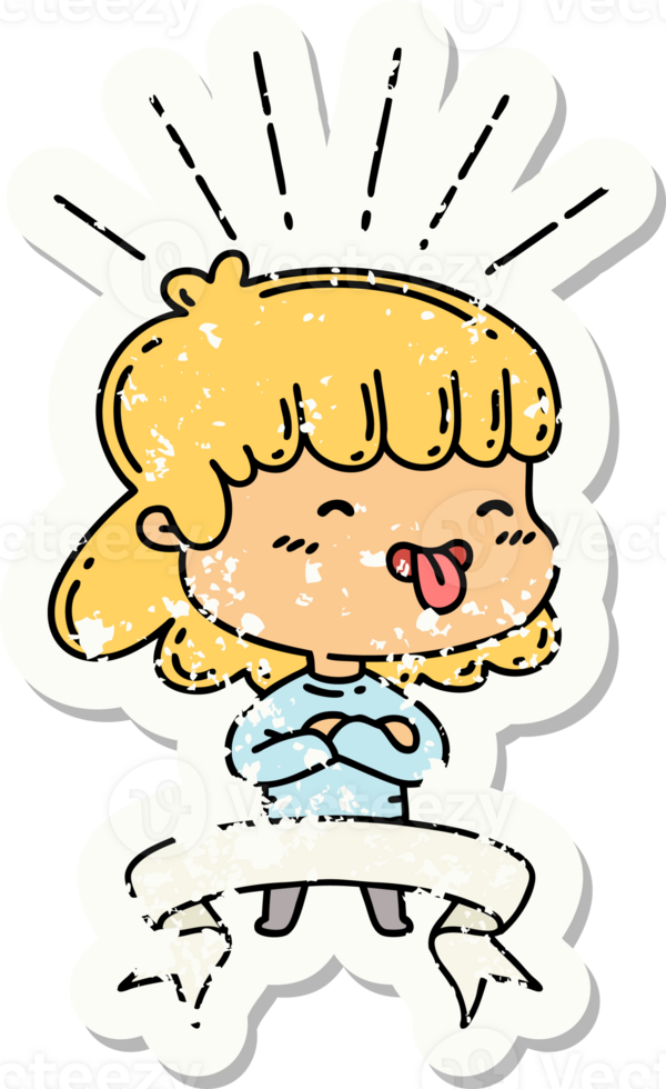 worn old sticker of a tattoo style girl sticking out tongue png
