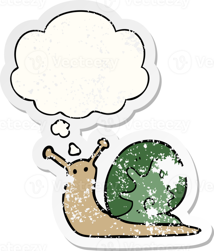cartoon snail with thought bubble as a distressed worn sticker png