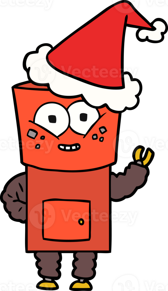 happy hand drawn line drawing of a robot waving hello wearing santa hat png