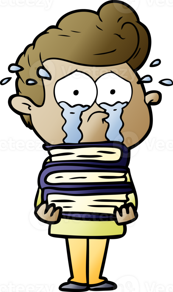 cartoon crying student with stack of books png