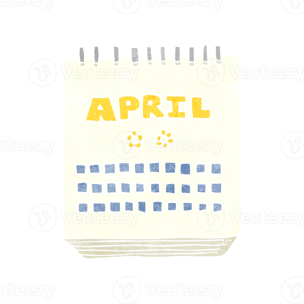 hand retro cartoon calendar showing month of April png