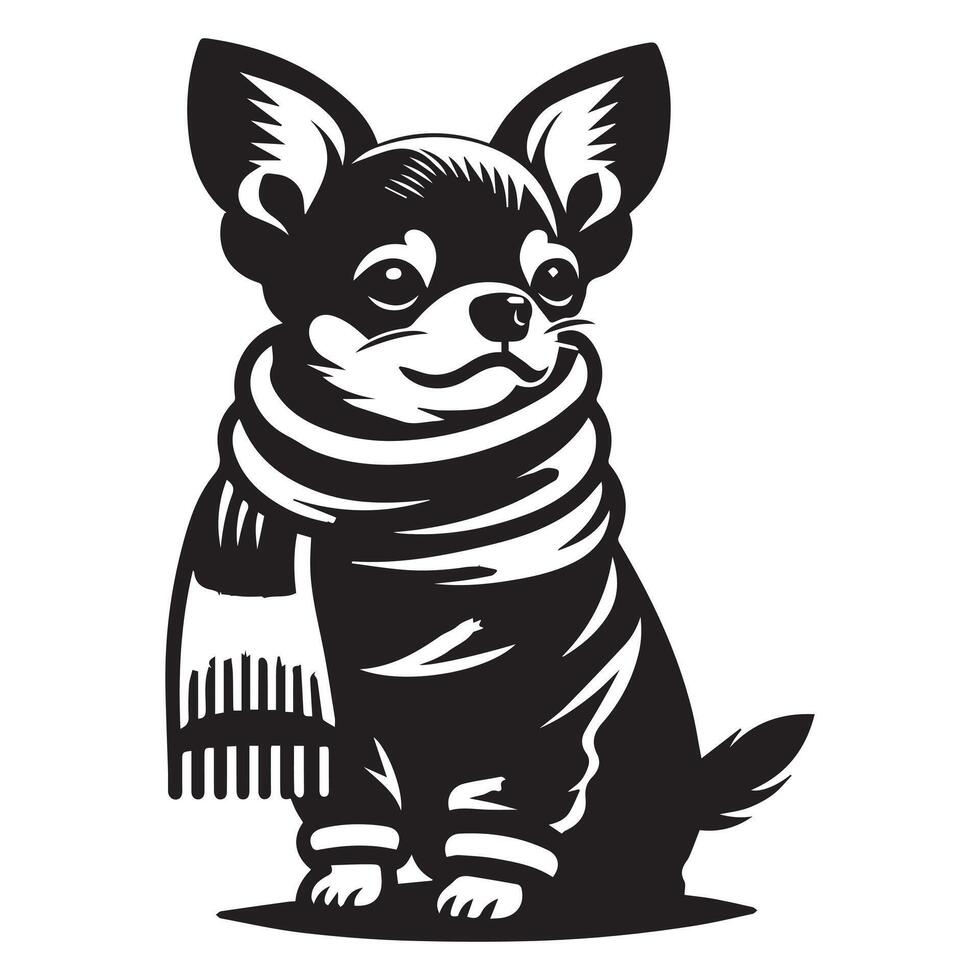 Chihuahua Wrapped Up Warm illustration in black and white vector
