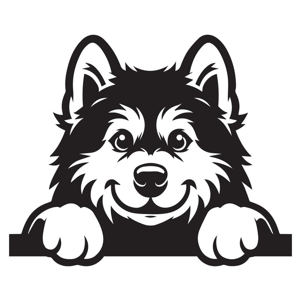 Dog Peeking - Alaskan Malamute Dog Peeking face illustration in black and white vector