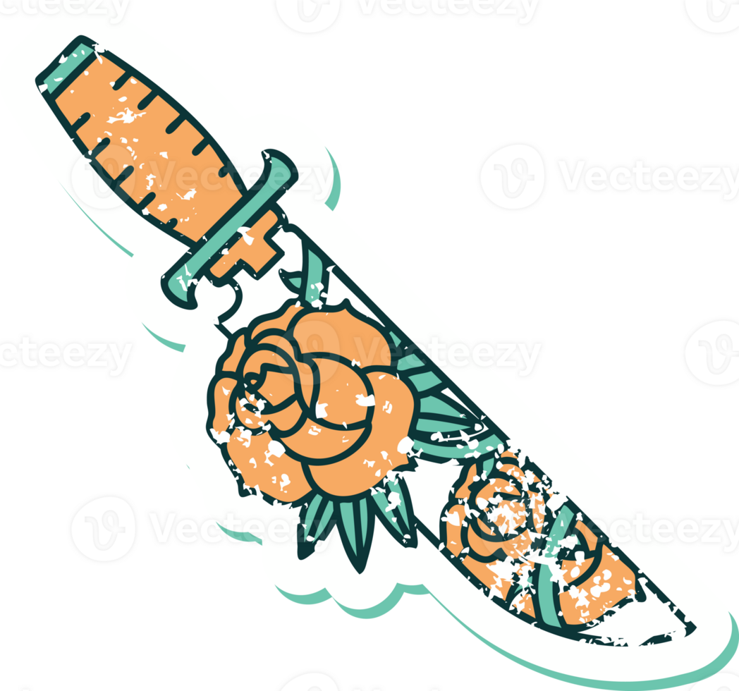 iconic distressed sticker tattoo style image of a dagger and flowers png