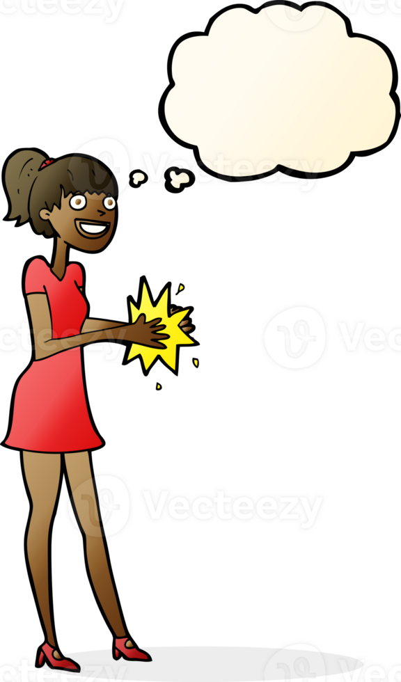 cartoon woman clapping hands with thought bubble png