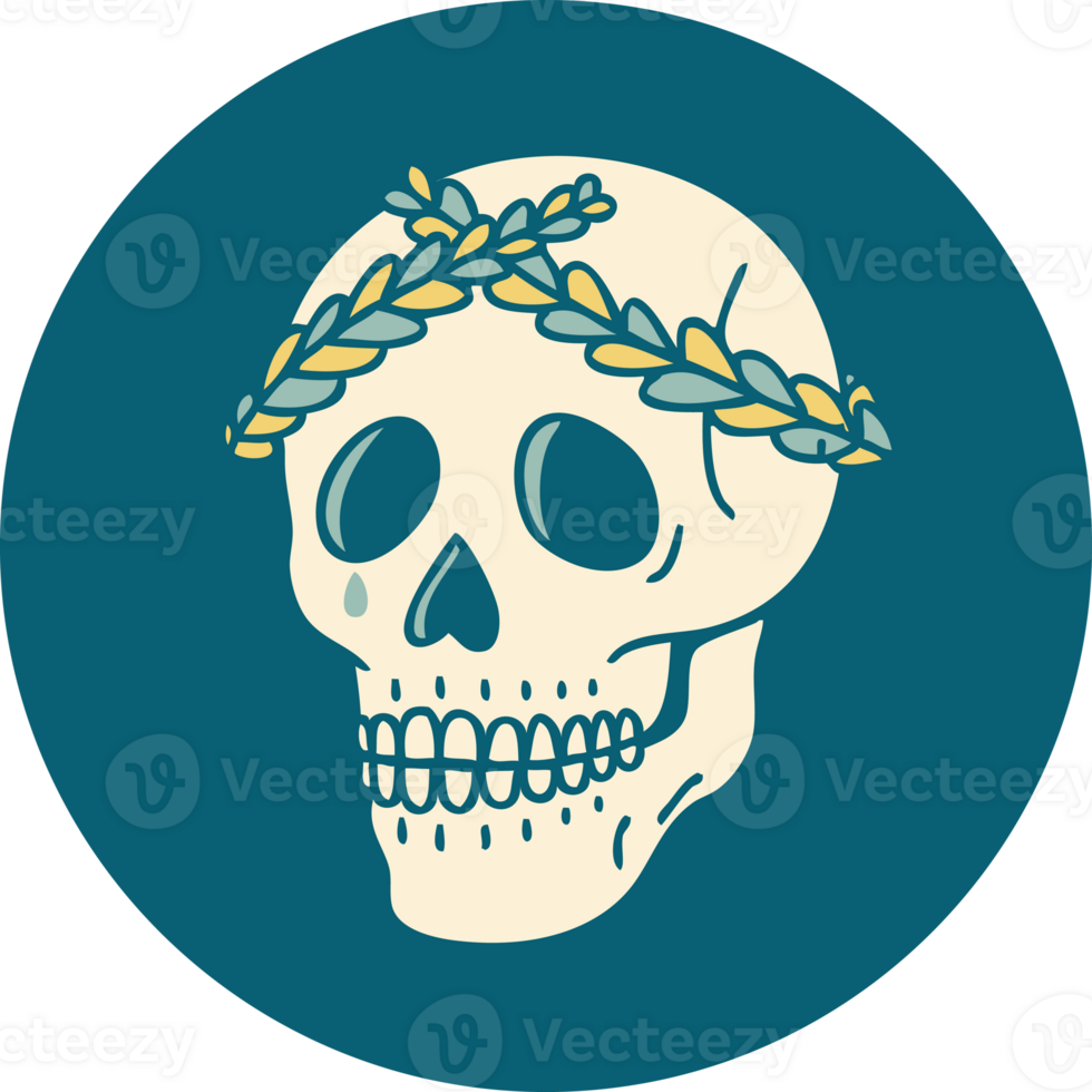 iconic tattoo style image of a skull with laurel wreath crown png