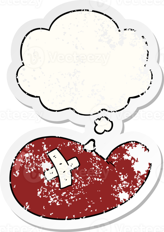 cartoon injured gall bladder with thought bubble as a distressed worn sticker png