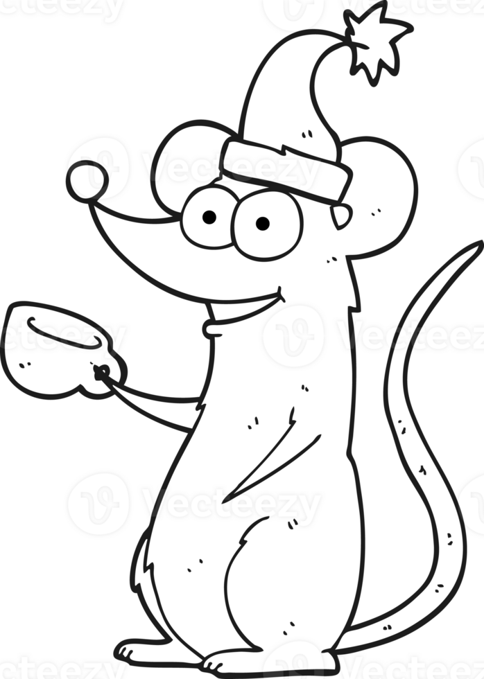hand drawn black and white cartoon mouse wearing christmas hat png