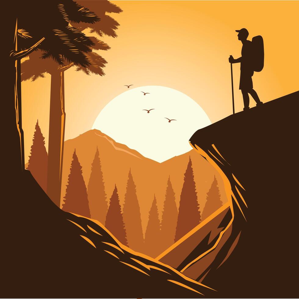 hiking on the top of hill vector