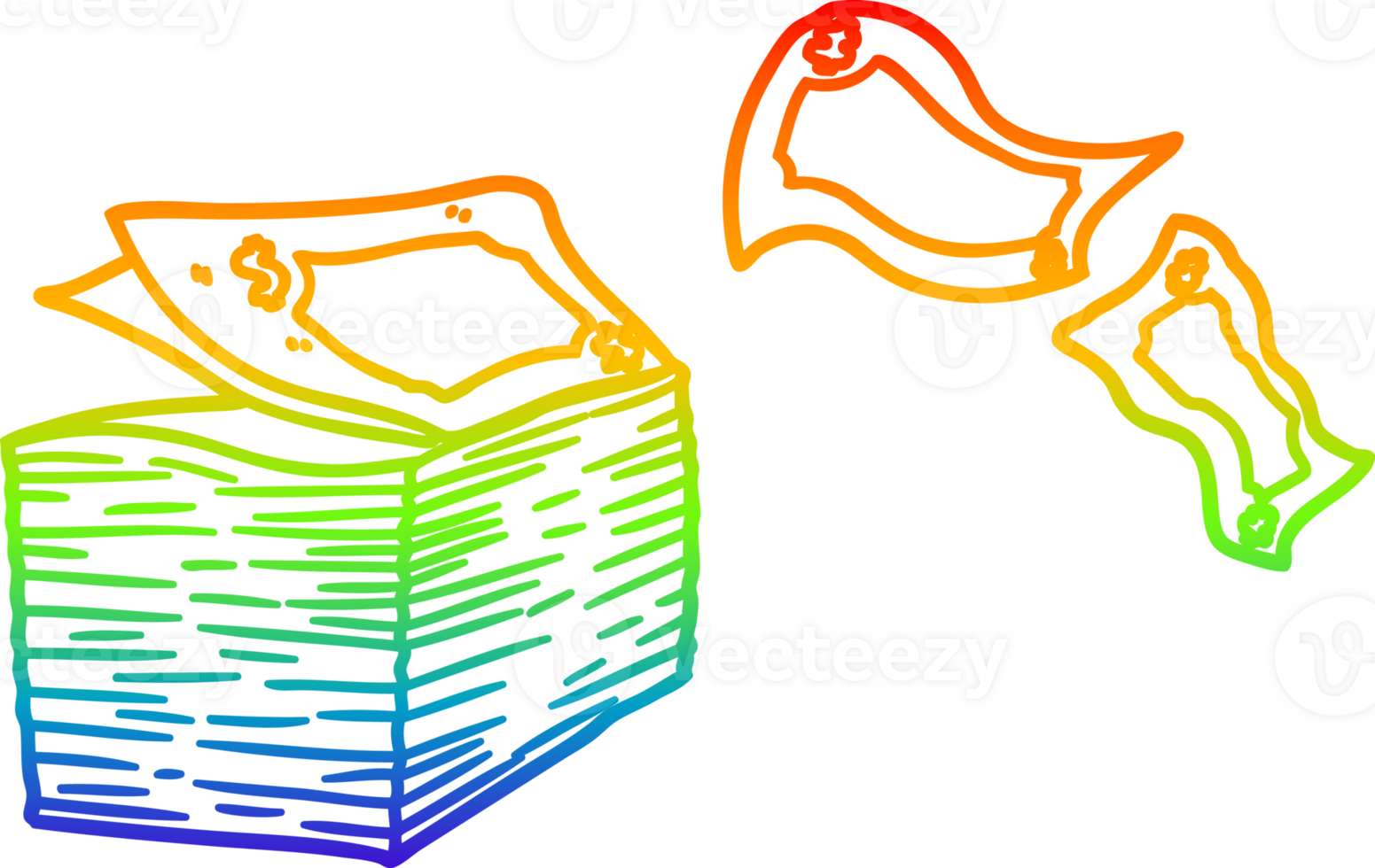 rainbow gradient line drawing of a cartoon money blowing away png