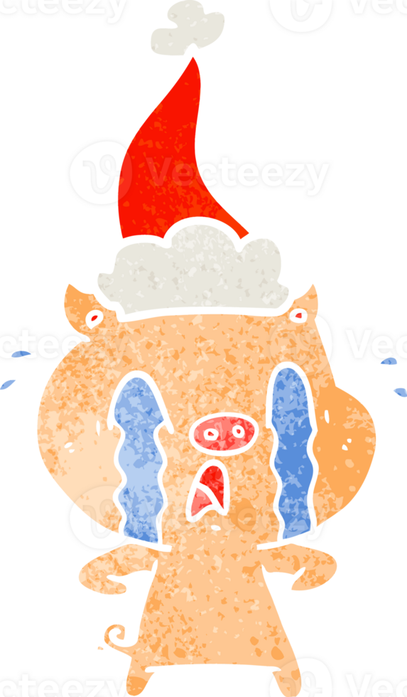 crying pig hand drawn retro cartoon of a wearing santa hat png