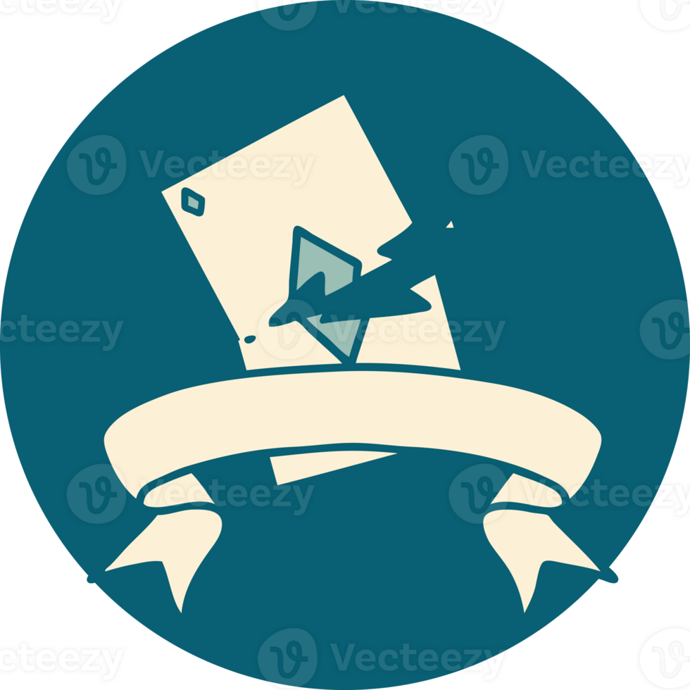 tattoo style icon with banner of a torn card png
