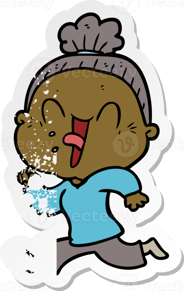 verontruste sticker van een cartoon gelukkige oude vrouw png