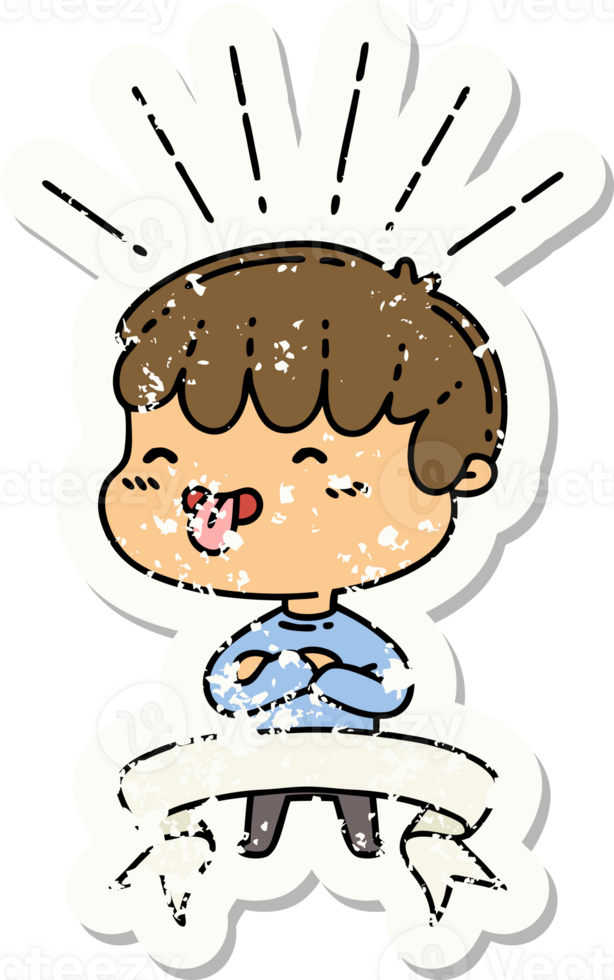 worn old sticker of a tattoo style boy sticking out tongue png