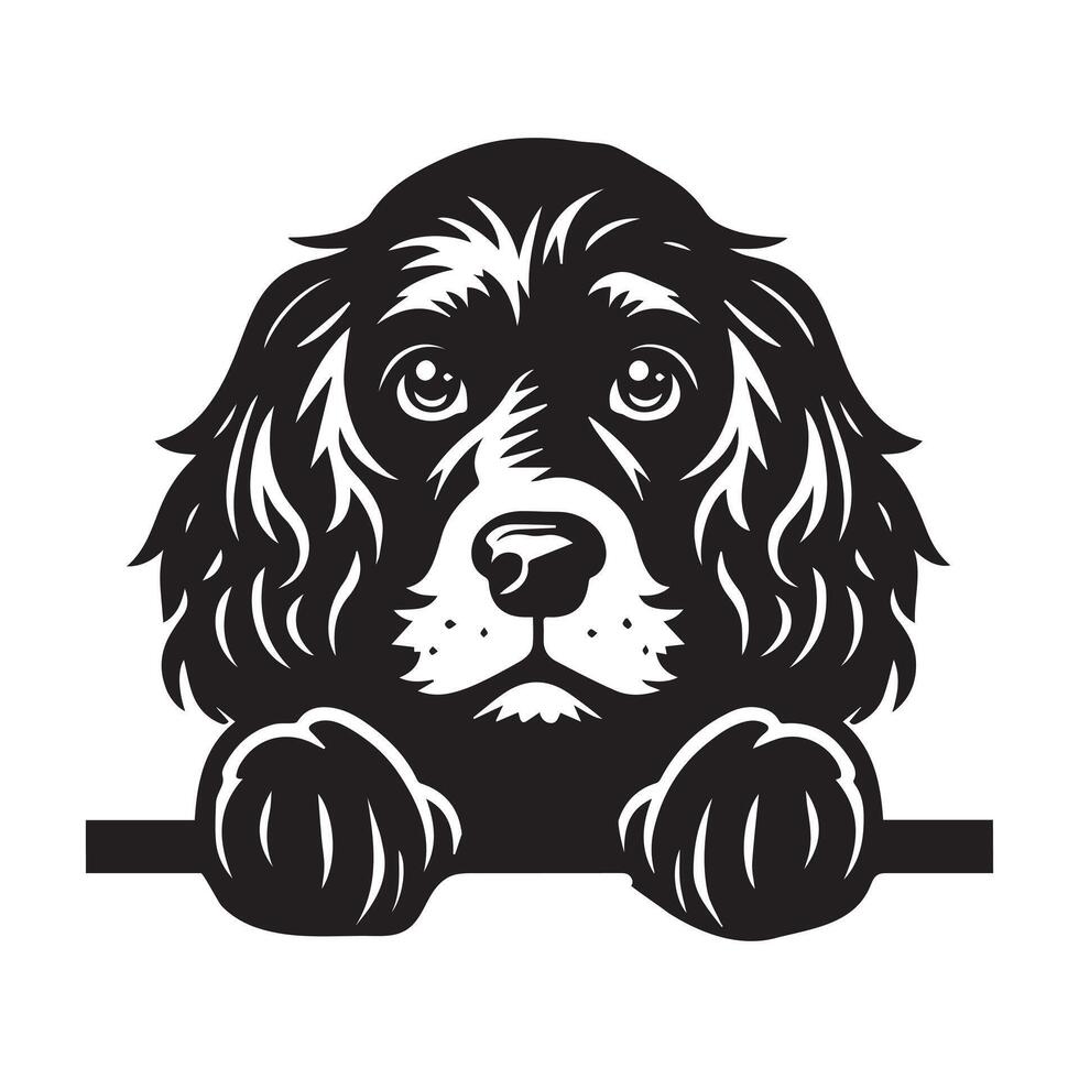Dog Peeking - English Cocker Spaniel Dog Peeking face illustration in black and white vector
